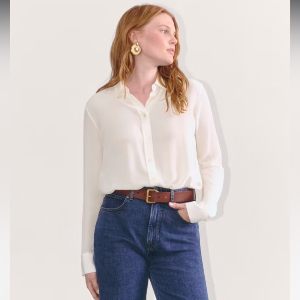 Washable silk ivory long sleeve button up blouse